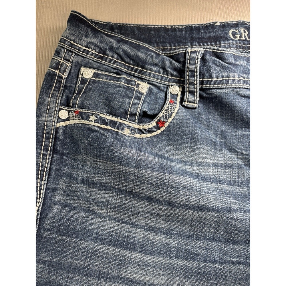 Grace in LA Embellished Patriotic Feather Pocket Jeans 32 Bootcut Y2K Raw Hem - Picture 3 of 16